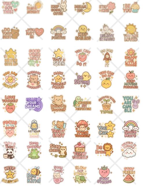 50 Kawaii Motivational Stickers | Cute Pastel Positive Quote Sticker Pack for Laptop, Journal, iPad & Water Bottle