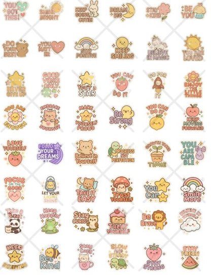 50 Kawaii Motivational Stickers | Cute Pastel Positive Quote Sticker Pack for Laptop, Journal, iPad & Water Bottle