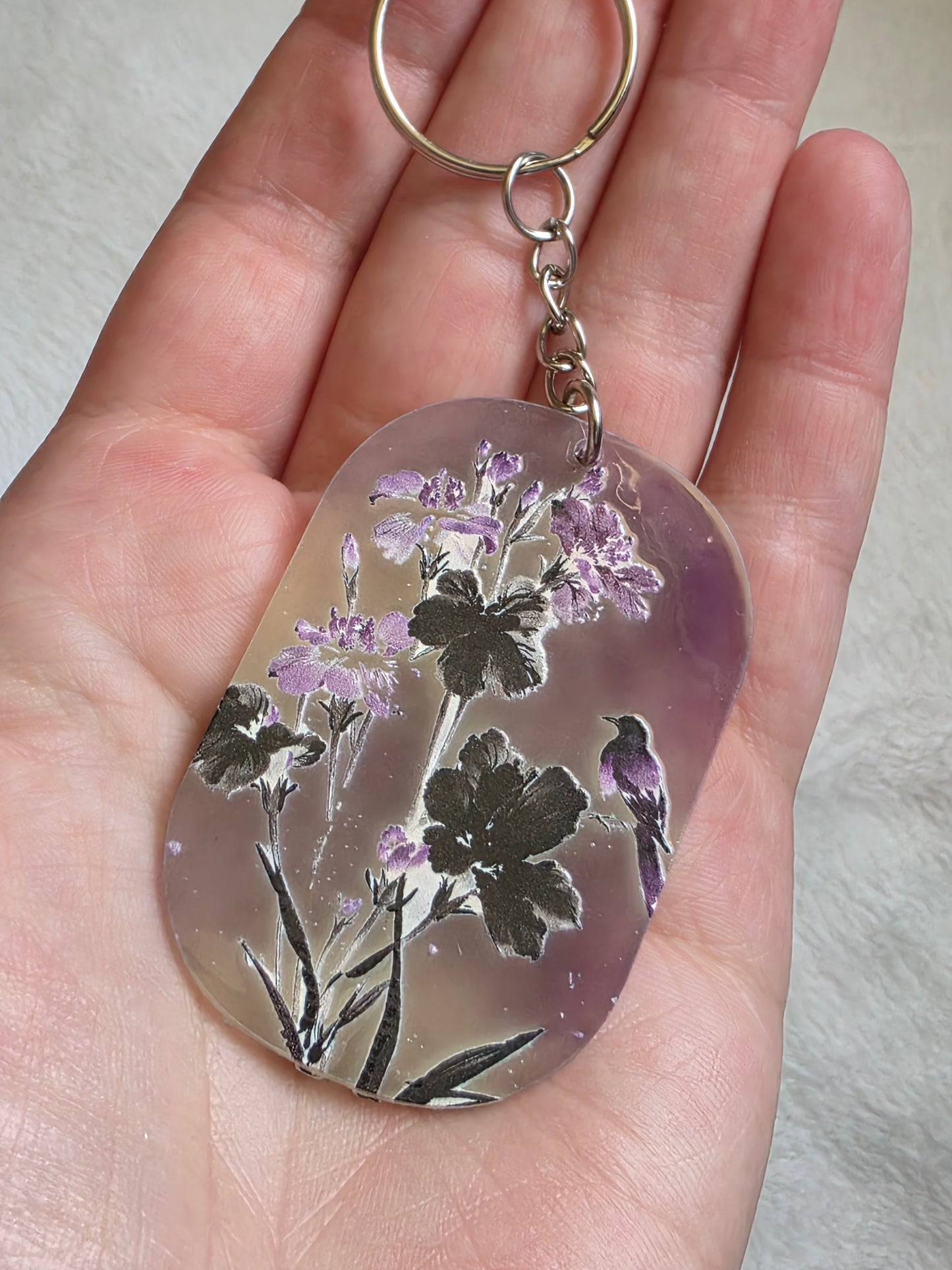 Keychain: Purple Floral Birds Keyring, Bag Charm, Tag