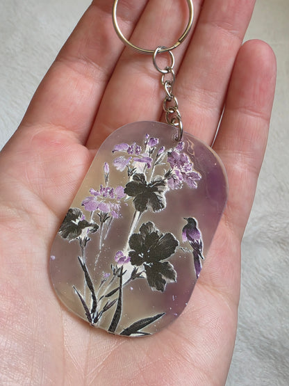 Keychain: Purple Floral Birds Keyring, Bag Charm, Tag