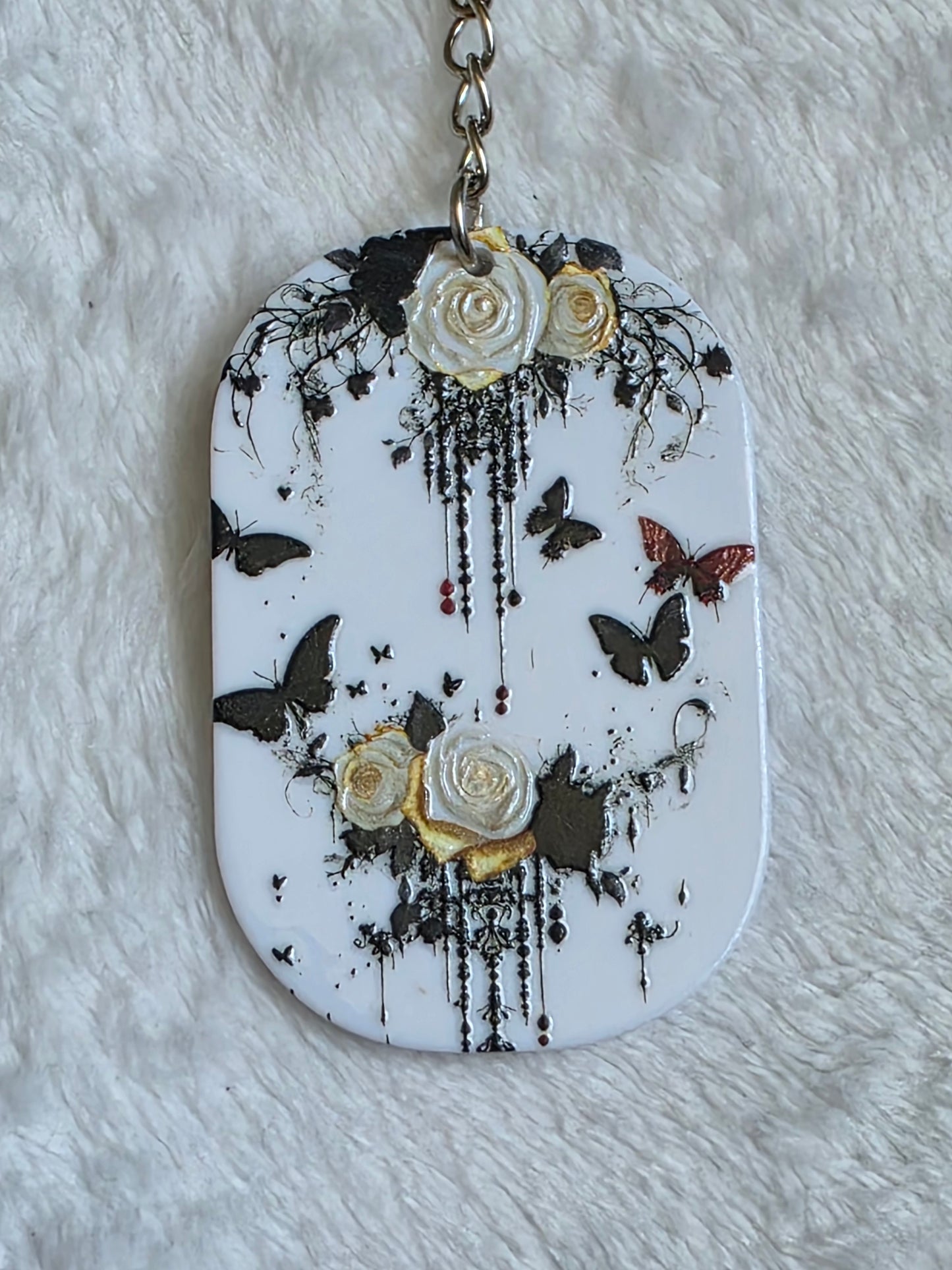 Keychain: White Rose Butterfly Keyring, Bag Charm, Tag