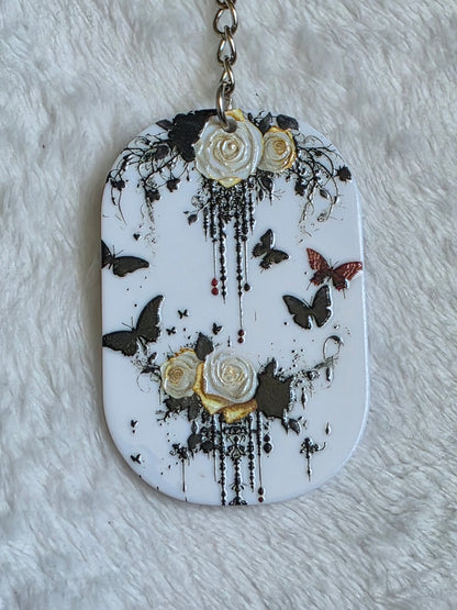 Keychain: White Rose Butterfly Keyring, Bag Charm, Tag