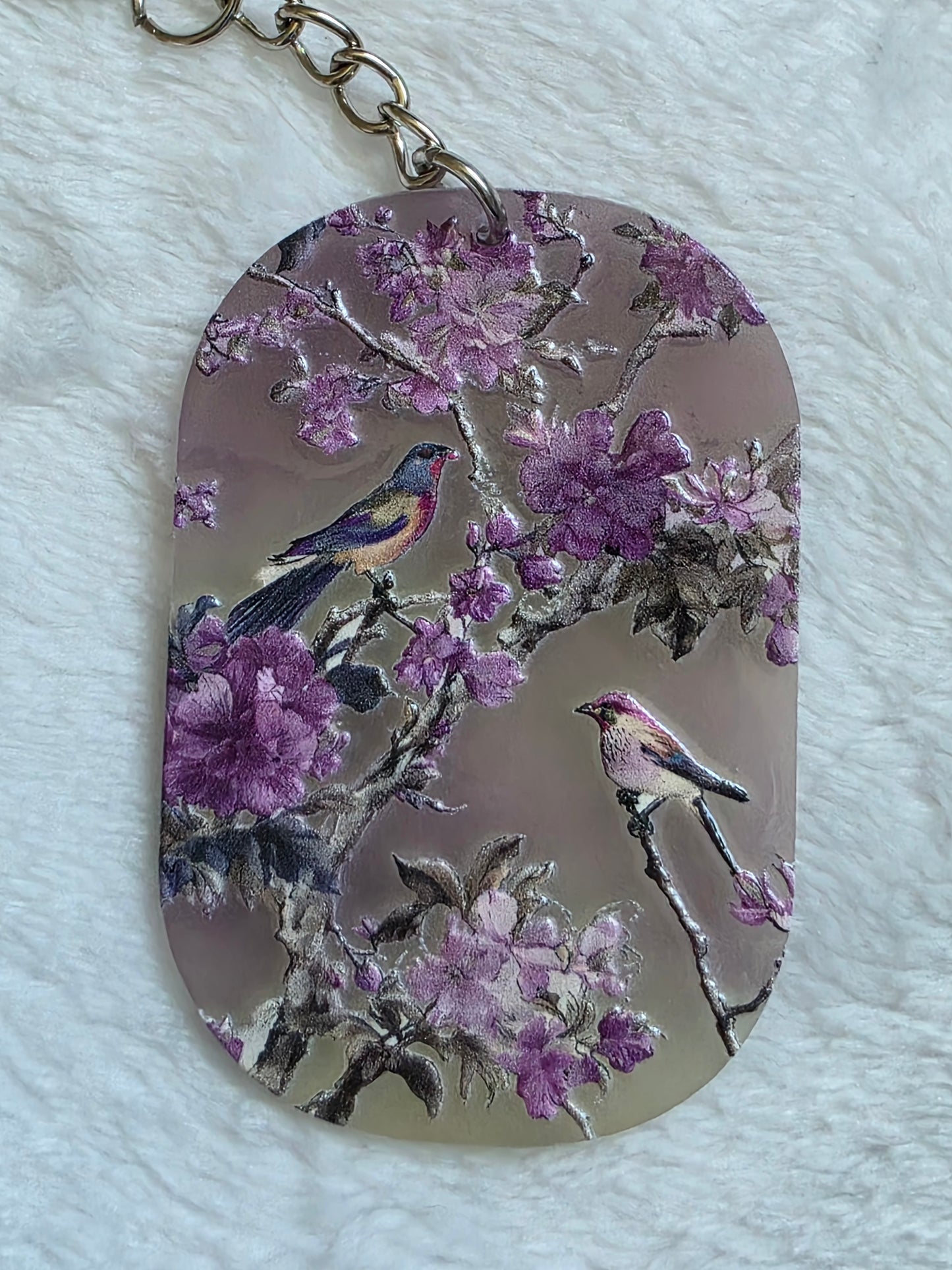 Keychain: Purple Floral Birds Keyring, Bag Charm, Tag