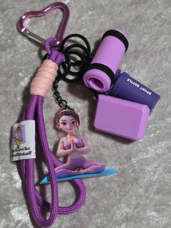 Pink Yoga & Pilates Bag Charm Keyring – Fitness Girl, Yoga Mat, Block & Sports Bottle