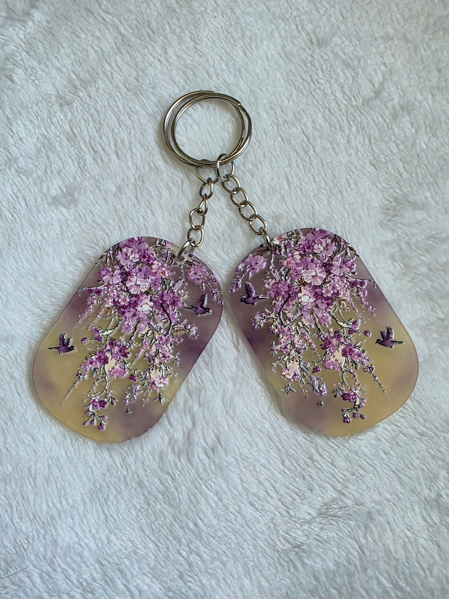 Keychain: Purple Floral Birds Keyring, Bag Charm, Tag
