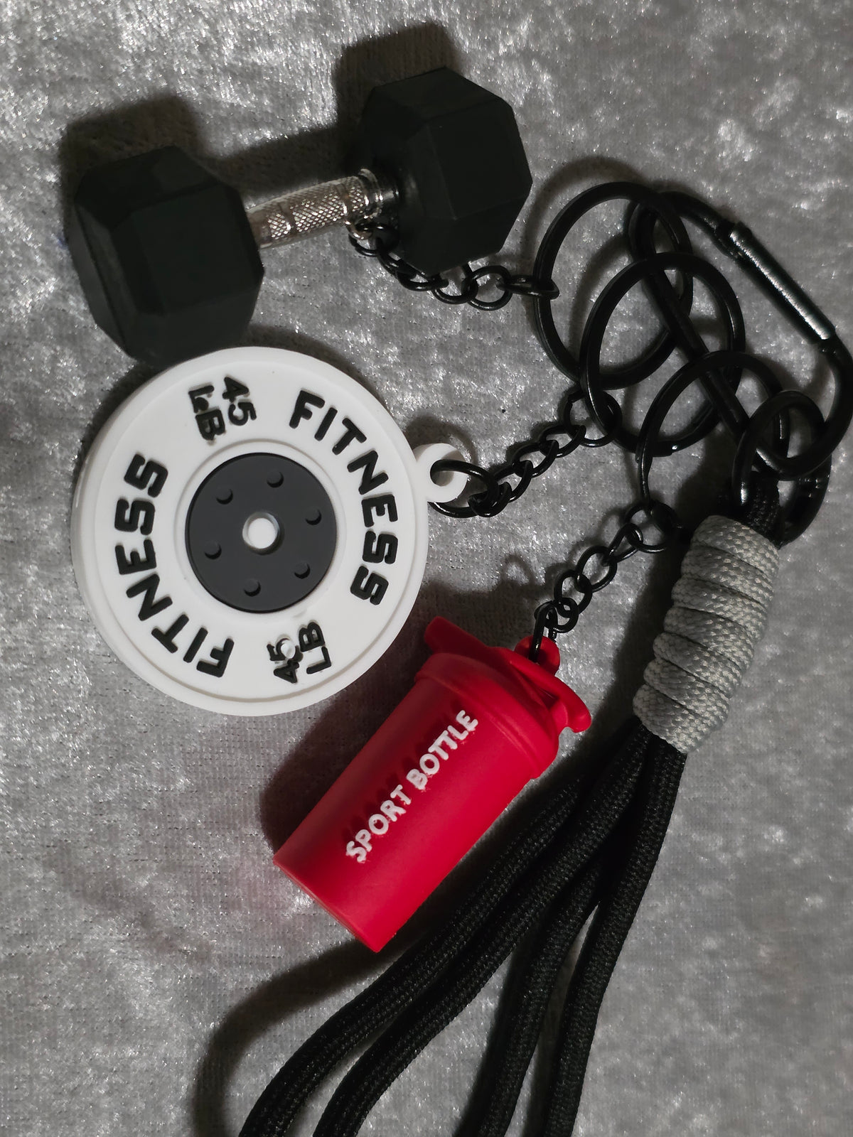 Fitness Gym Keyring & Bag Charm – Dumbbell, Weight Plate & Sports Bottle