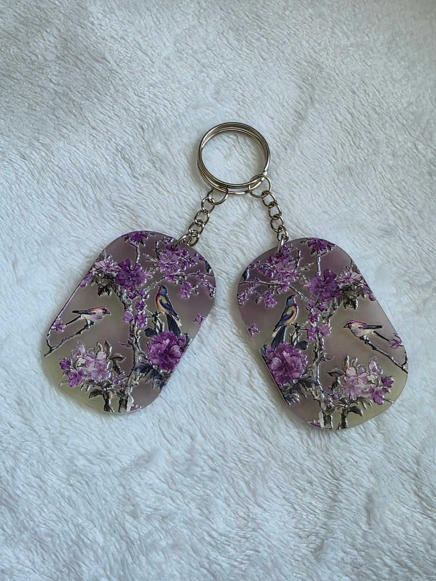 Keychain: Purple Floral Birds Keyring, Bag Charm, Tag
