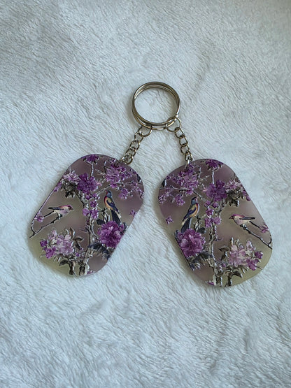 Keychain: Purple Floral Birds Keyring, Bag Charm, Tag