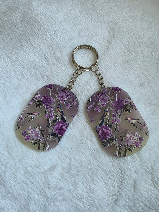 Keychain: Purple Floral Birds Keyring, Bag Charm, Tag