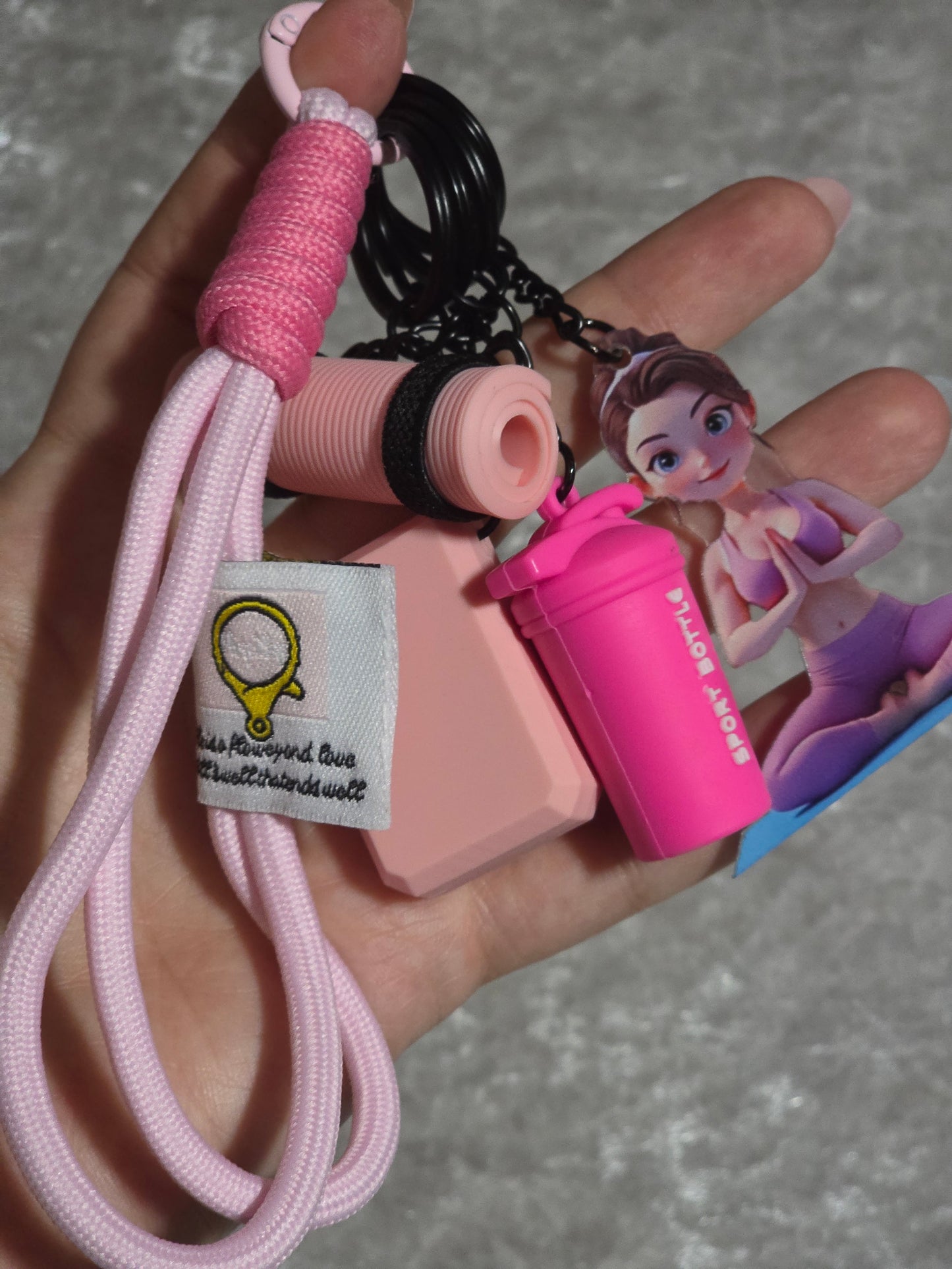 Pink Yoga & Pilates Bag Charm Keyring – Fitness Girl, Yoga Mat, Block & Sports Bottle