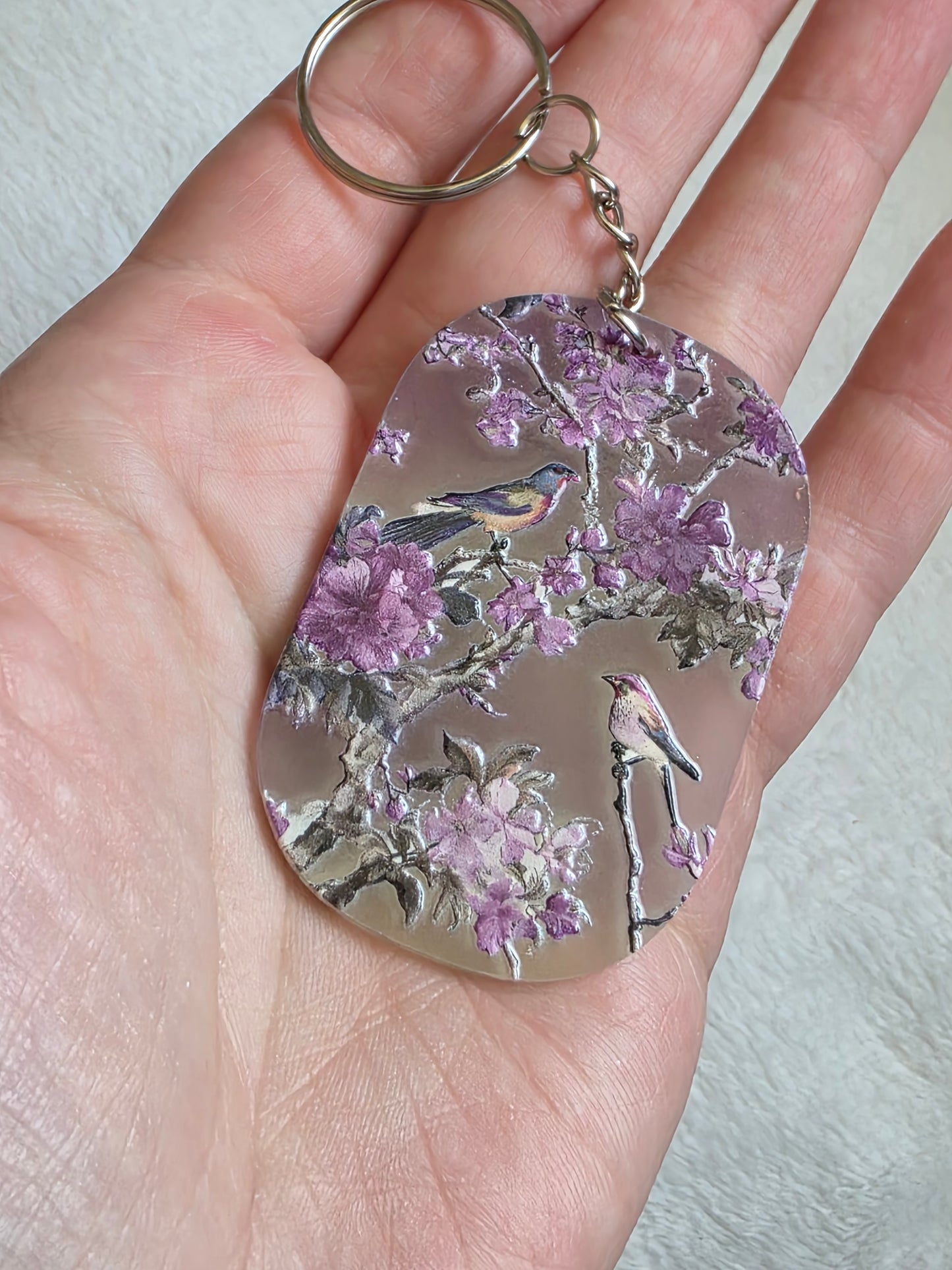 Keychain: Purple Floral Birds Keyring, Bag Charm, Tag