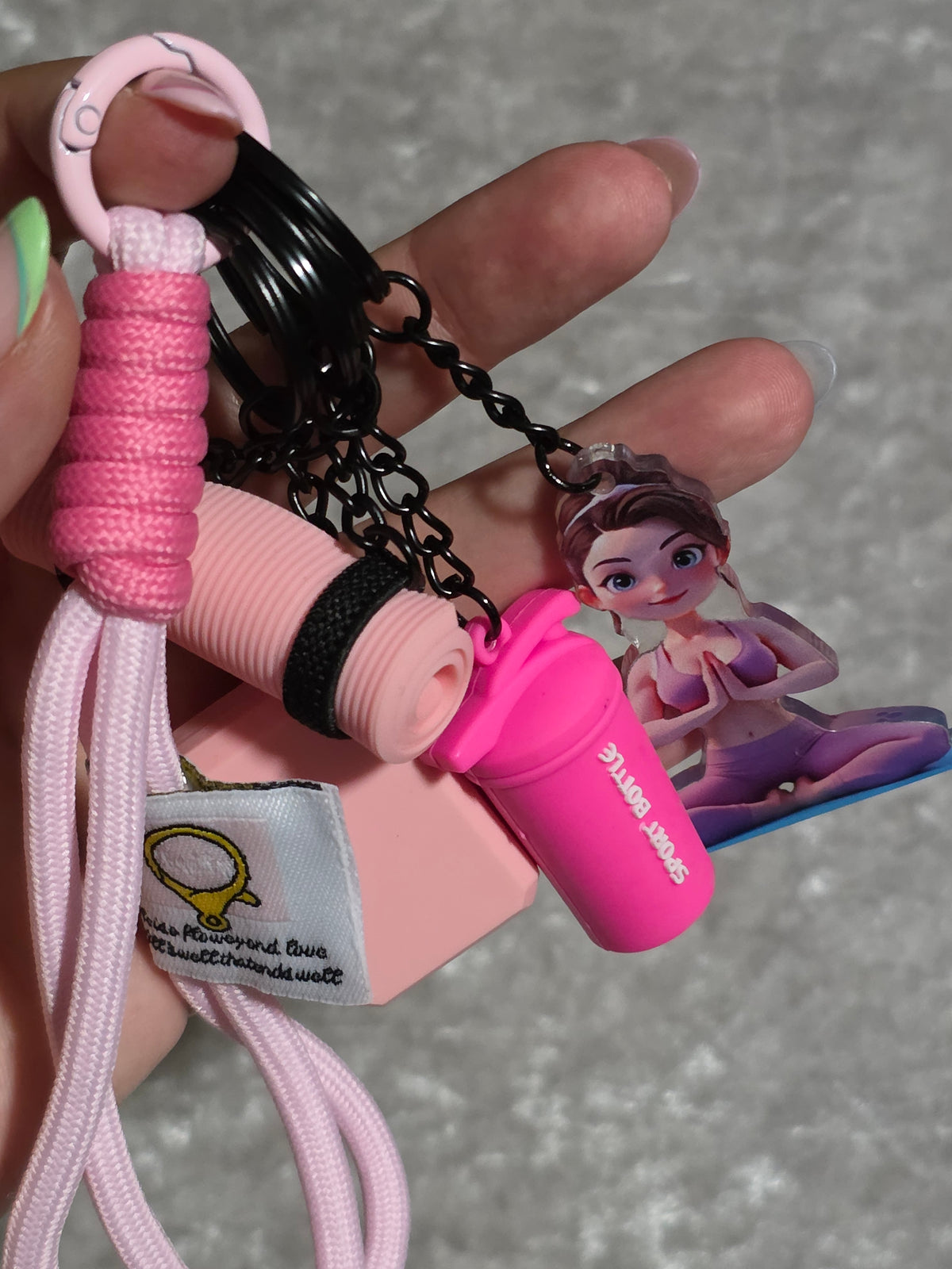 Pink Yoga & Pilates Bag Charm Keyring – Fitness Girl, Yoga Mat, Block & Sports Bottle