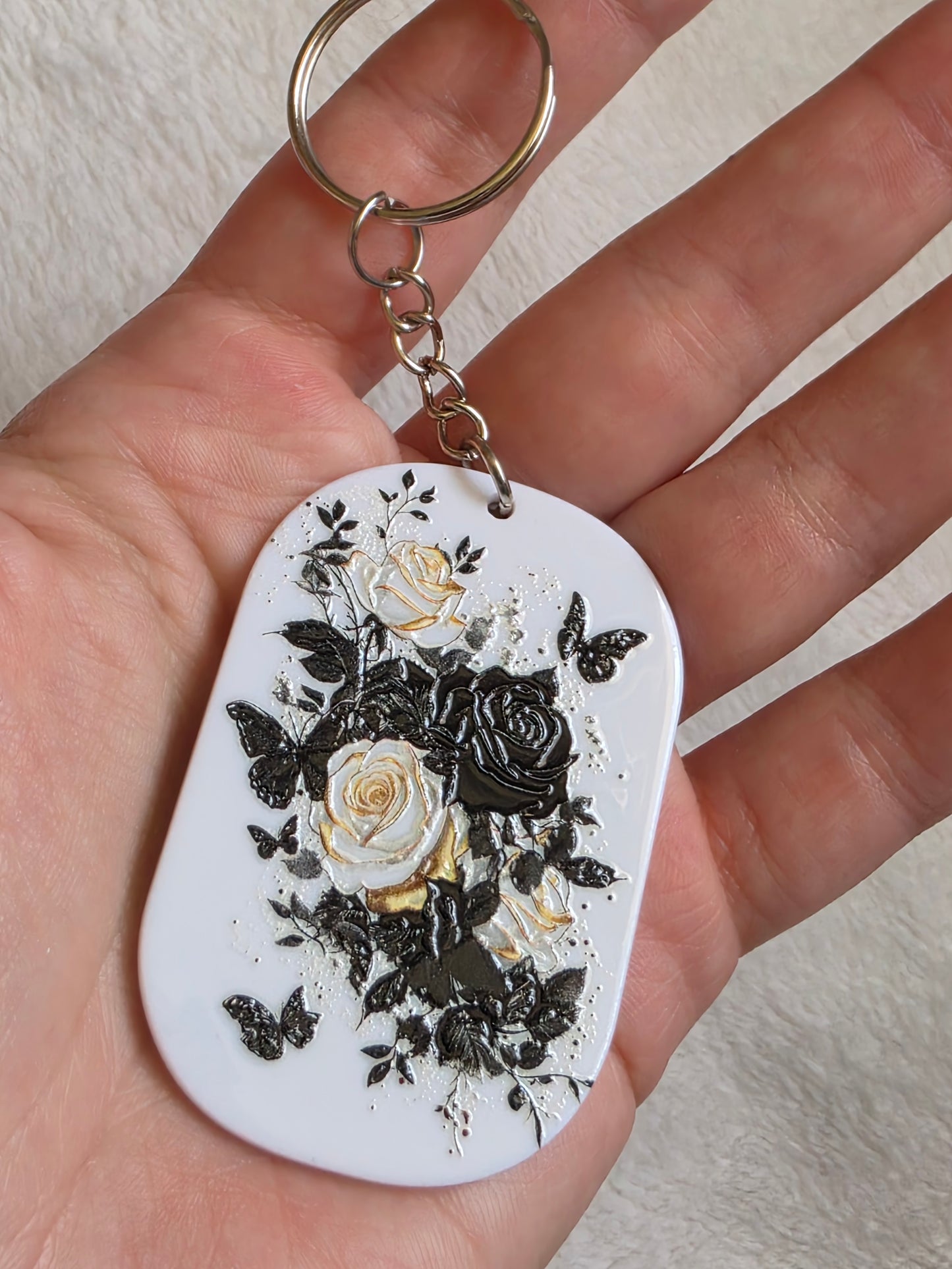 Keychain: Ivory Rose Butterfly Keyring, Bag Charm, Tag