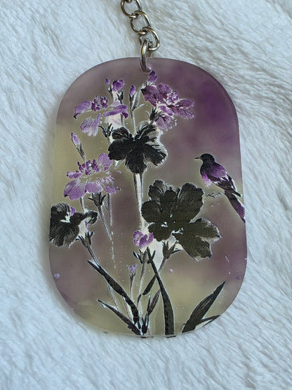 Keychain: Purple Floral Birds Keyring, Bag Charm, Tag