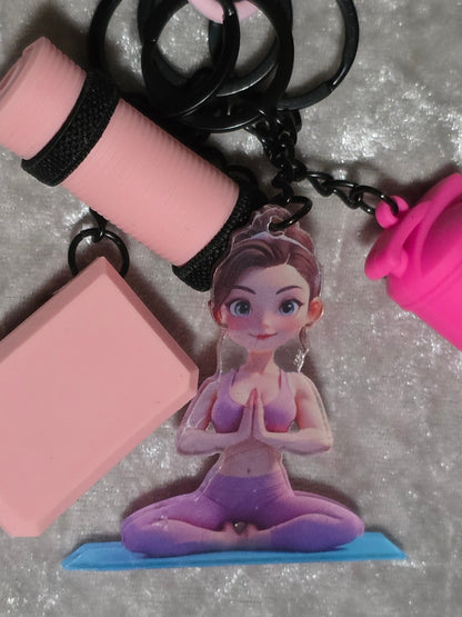 Pink Yoga & Pilates Bag Charm Keyring – Fitness Girl, Yoga Mat, Block & Sports Bottle