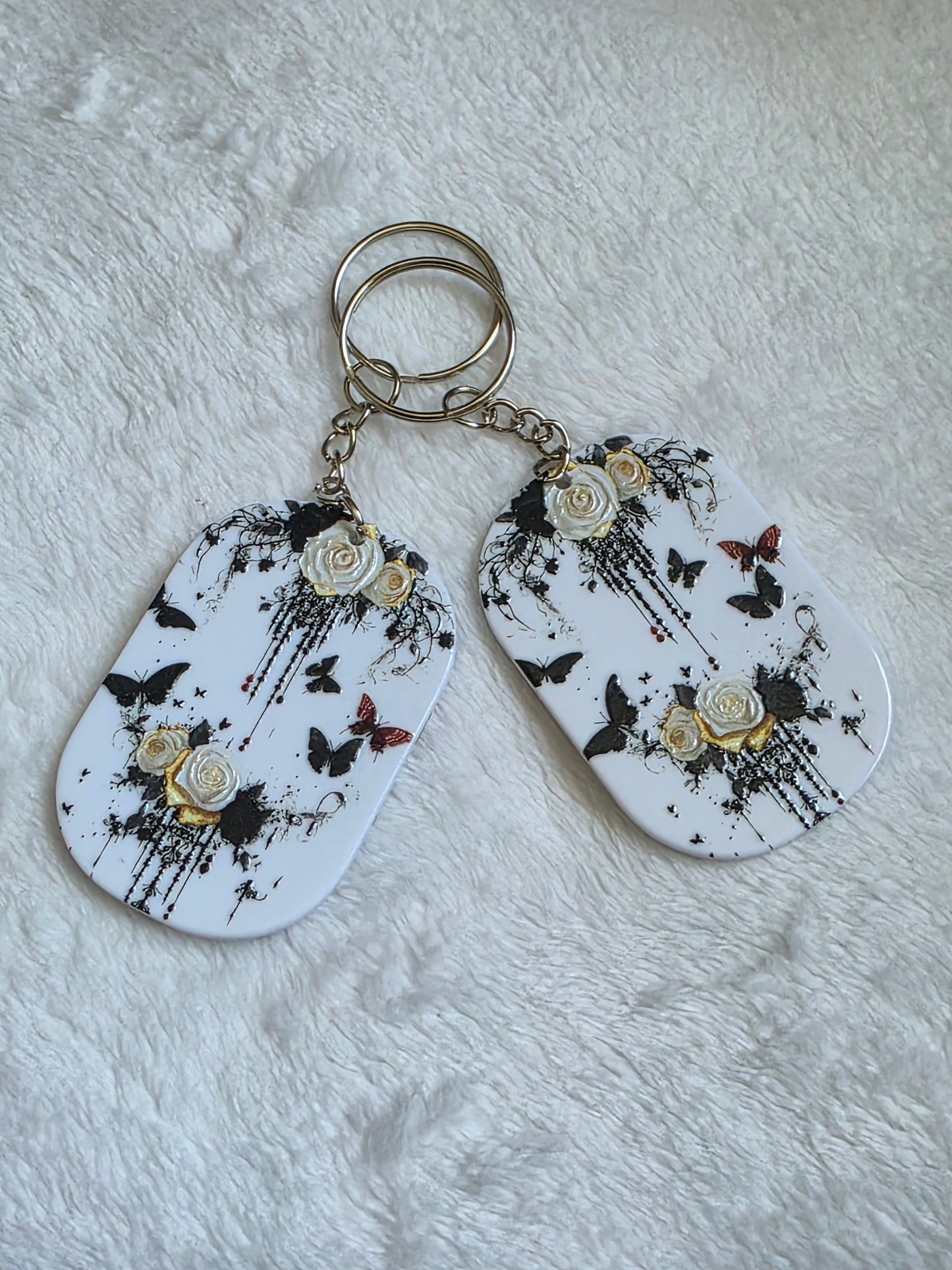 Keychain: White Rose Butterfly Keyring, Bag Charm, Tag