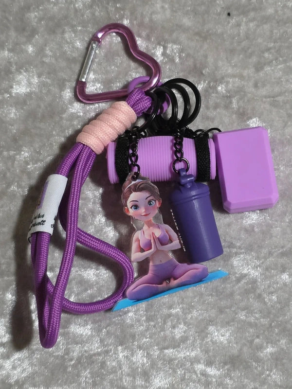 Pink Yoga & Pilates Bag Charm Keyring – Fitness Girl, Yoga Mat, Block & Sports Bottle