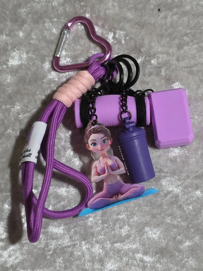 Pink Yoga & Pilates Bag Charm Keyring – Fitness Girl, Yoga Mat, Block & Sports Bottle