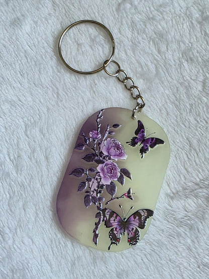 Keychain: Purple Floral Butterfly Keyring, Bag Charm, Tag