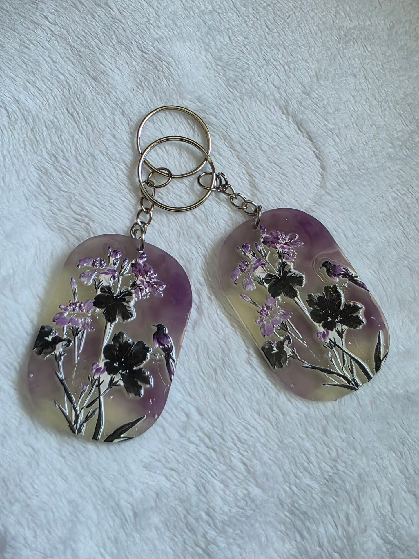 Keychain: Purple Floral Birds Keyring, Bag Charm, Tag