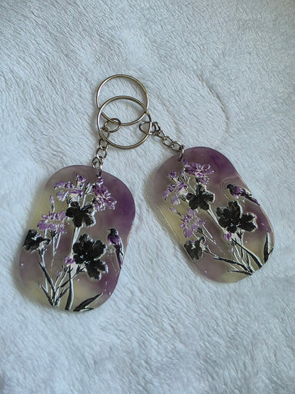 Keychain: Purple Floral Birds Keyring, Bag Charm, Tag