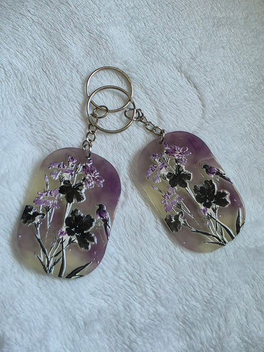 Keychain: Purple Floral Birds Keyring, Bag Charm, Tag