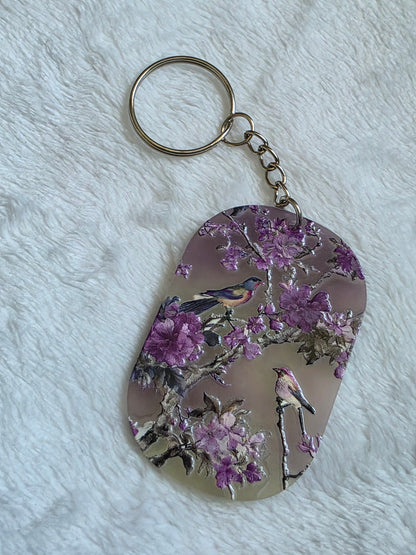 Keychain: Purple Floral Birds Keyring, Bag Charm, Tag