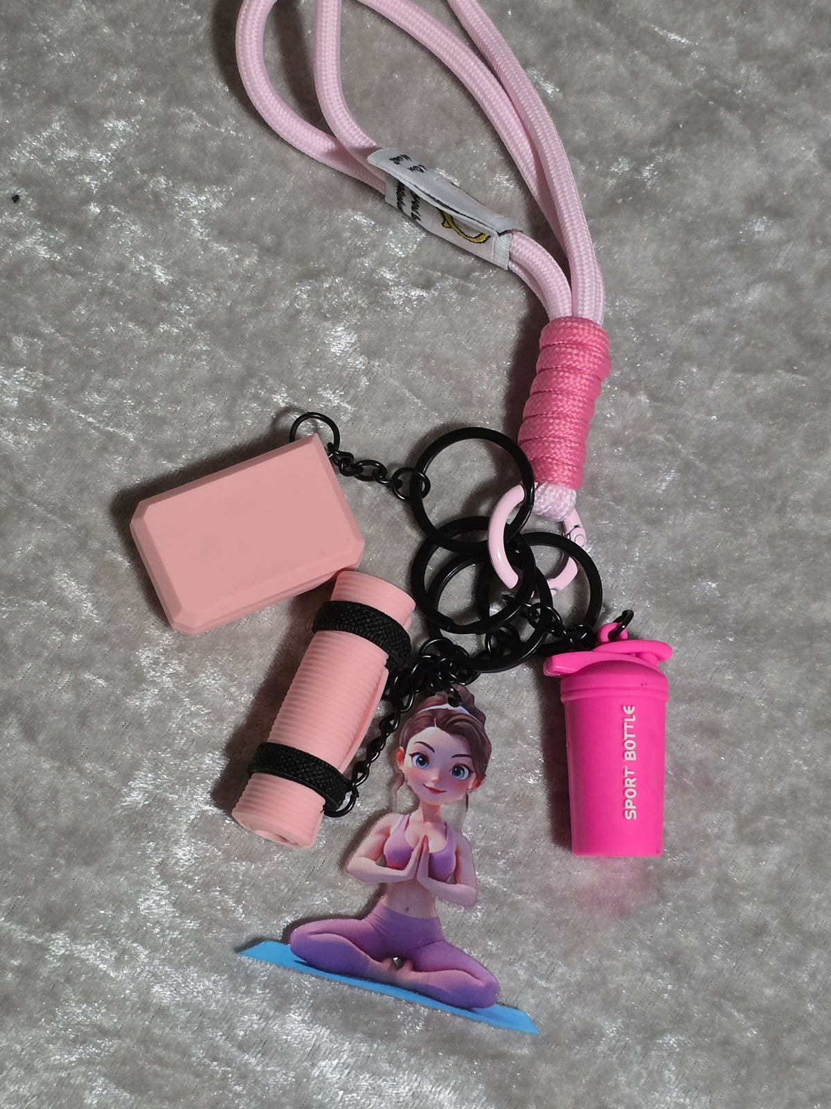 Pink Yoga & Pilates Bag Charm Keyring – Fitness Girl, Yoga Mat, Block & Sports Bottle