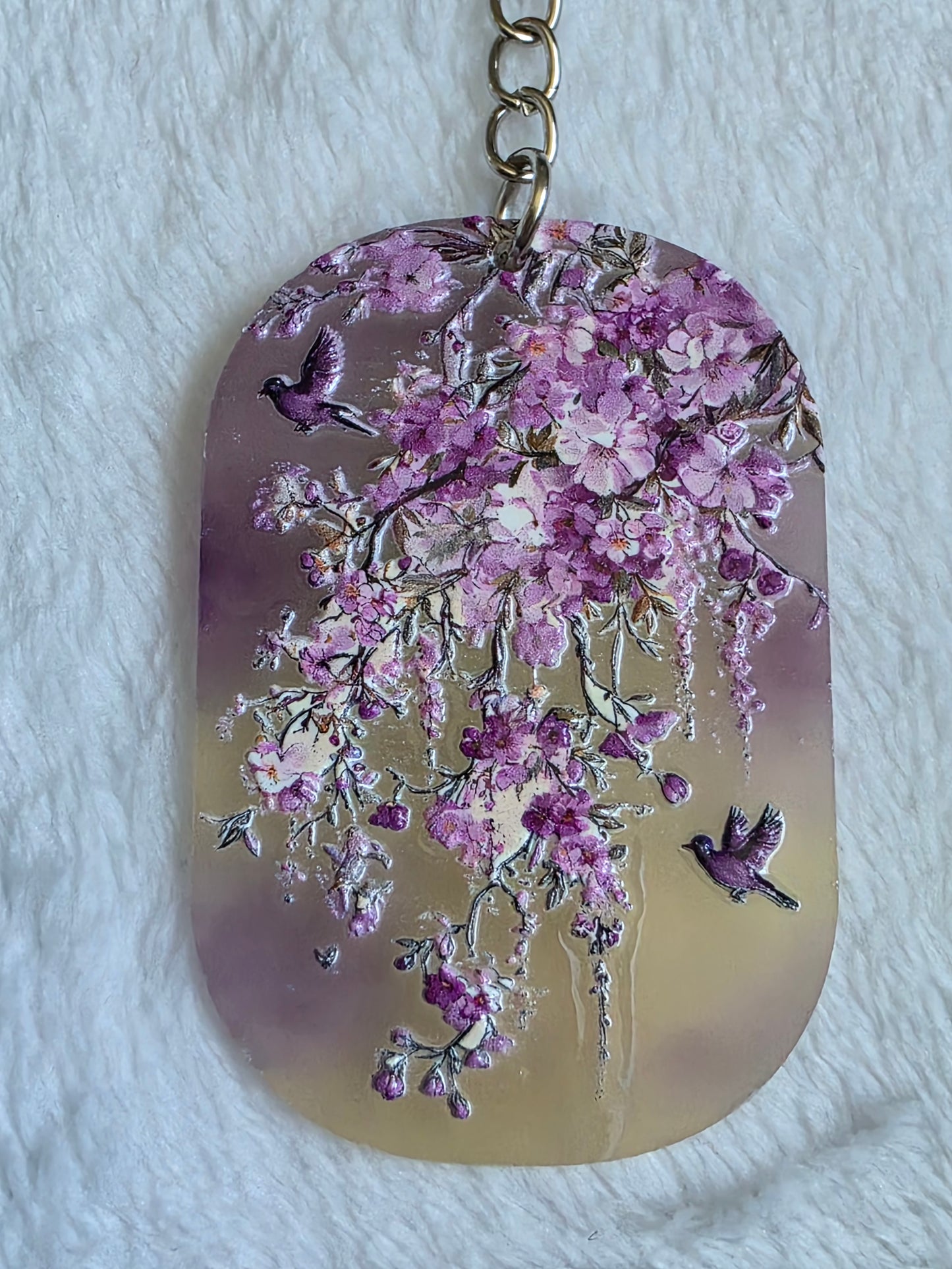 Keychain: Purple Floral Birds Keyring, Bag Charm, Tag