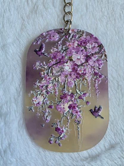 Keychain: Purple Floral Birds Keyring, Bag Charm, Tag