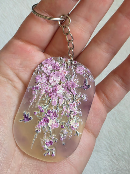 Keychain: Purple Floral Birds Keyring, Bag Charm, Tag