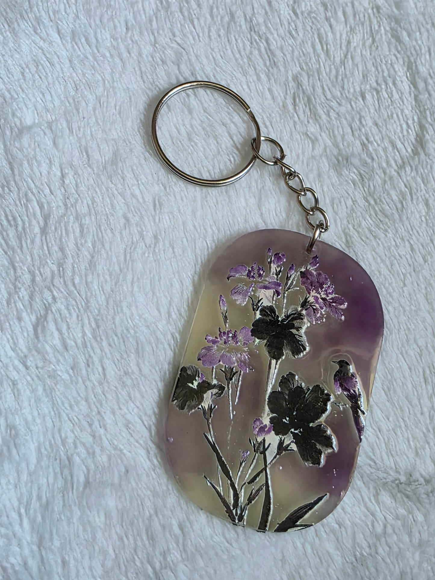 Keychain: Purple Floral Birds Keyring, Bag Charm, Tag