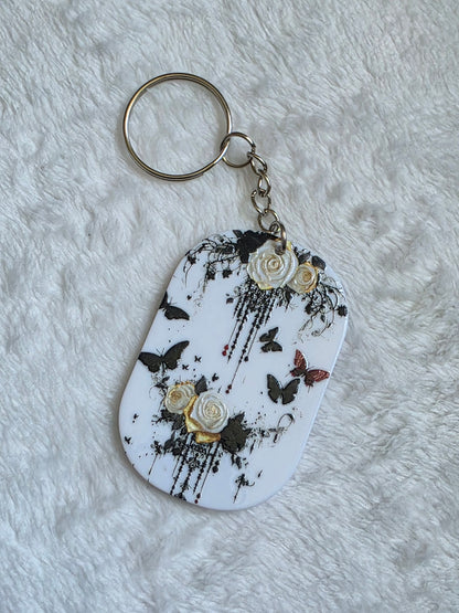 Keychain: White Rose Butterfly Keyring, Bag Charm, Tag
