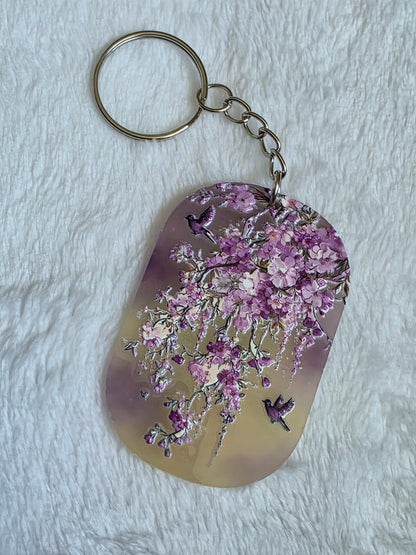 Keychain: Purple Floral Birds Keyring, Bag Charm, Tag